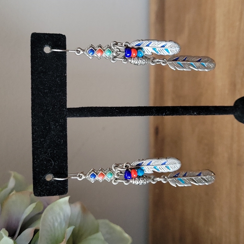 Colorful Feather Shape and Beaded Earrings